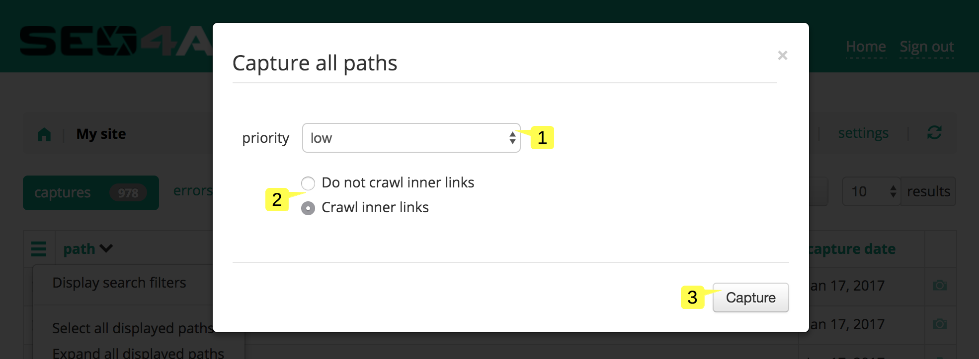 screenshot of the Capture all paths popup in the Site status page