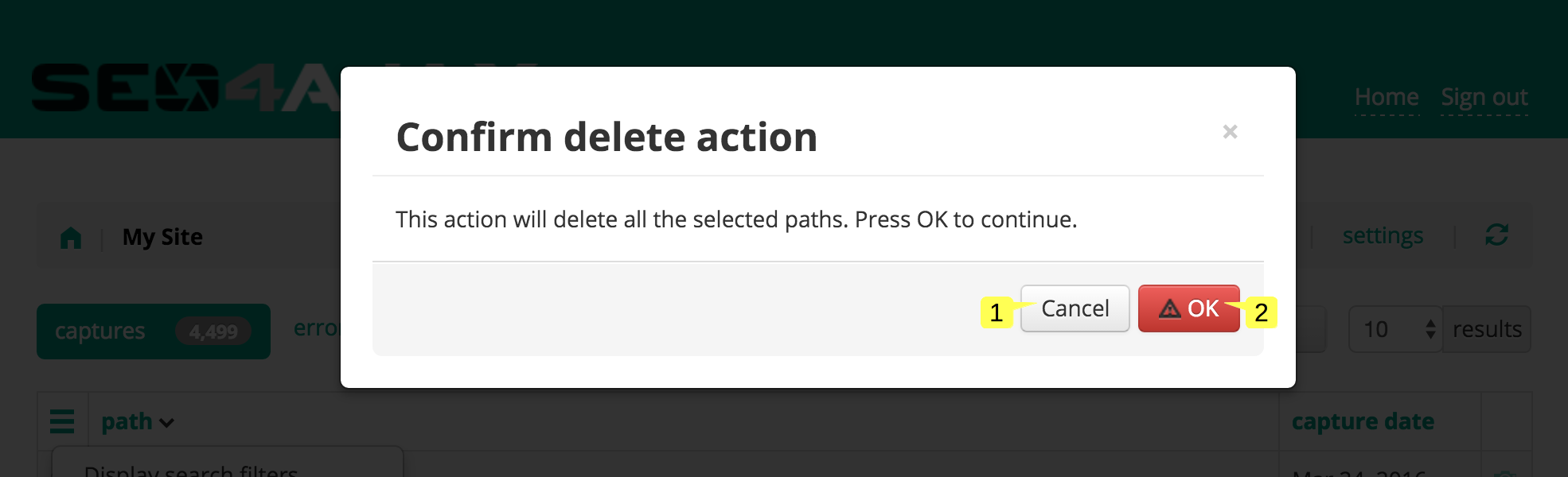 screenshot of the Delete paths popup in the Site status page