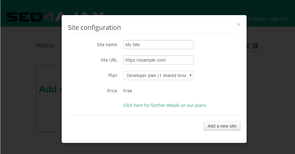 screenshot of the New site configuration popup