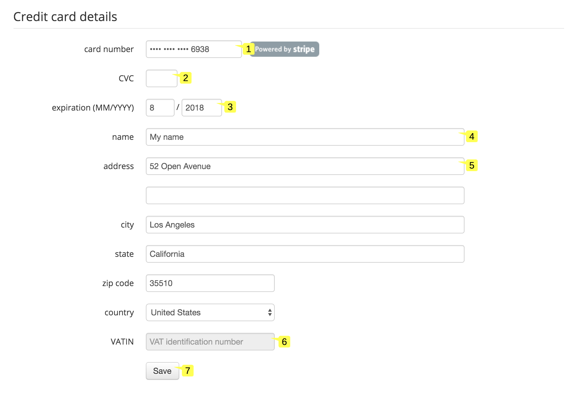 screenshot of the Credit card details in the Account settings page