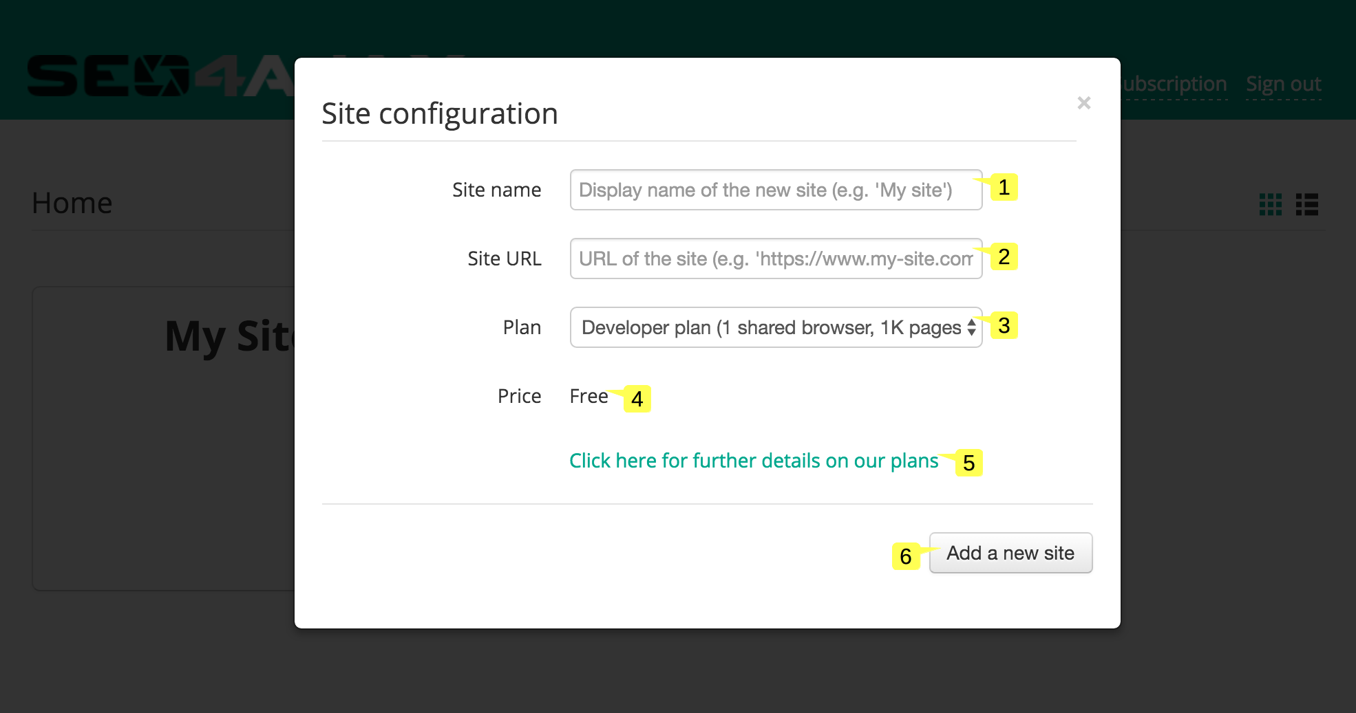 screenshot of the Site configuration popup