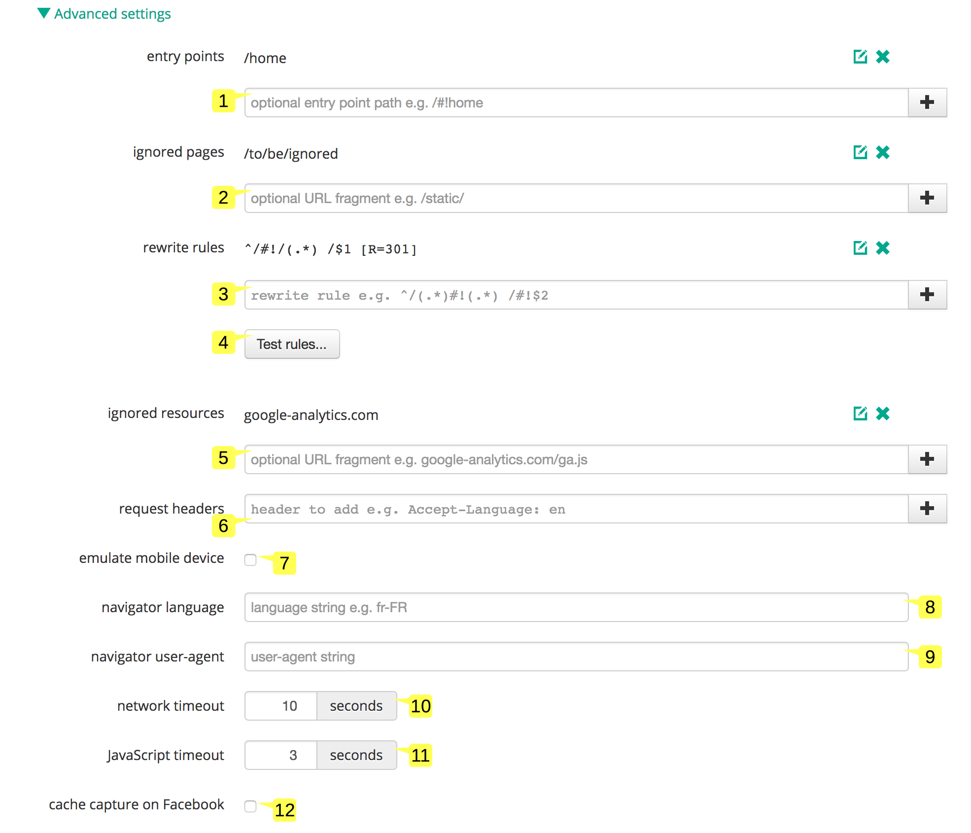 screenshot of the Advanced settings panel in the Site settings page