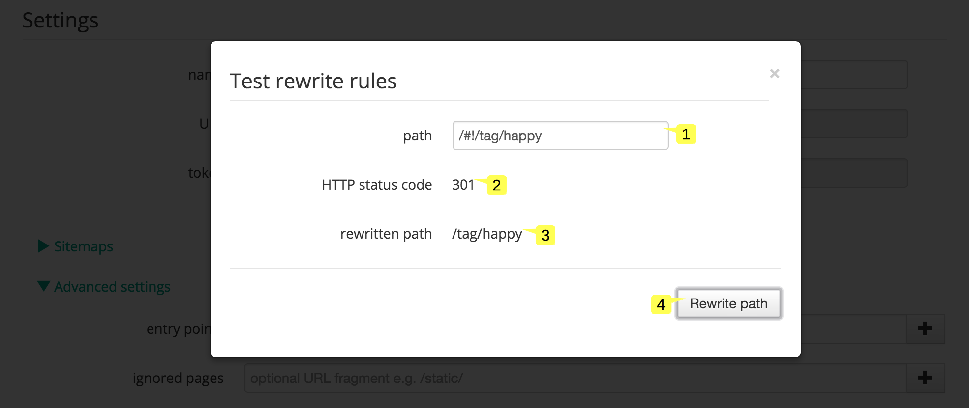screenshot of the Rewrite rules popup in the Site settings page