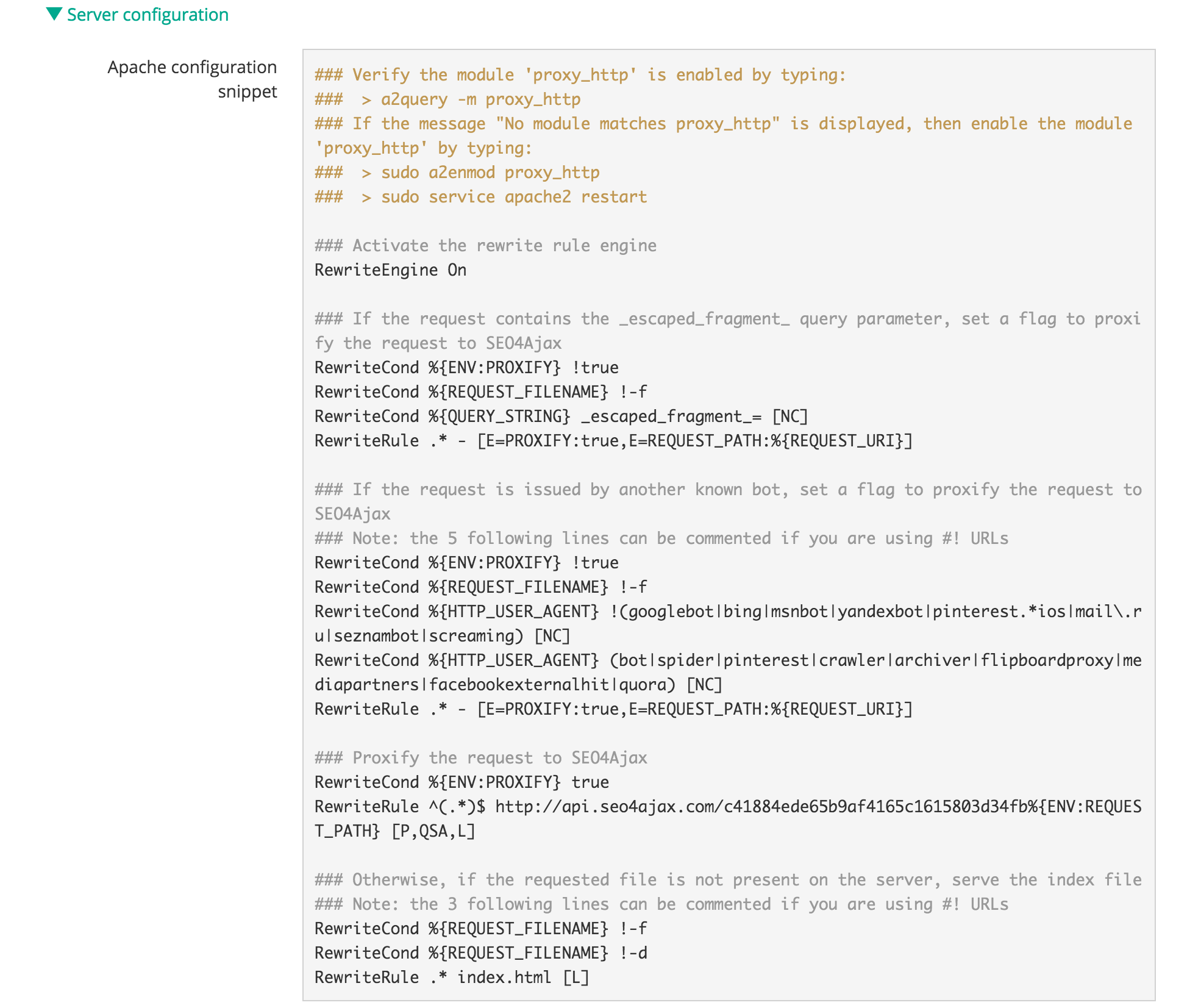 screenshot of the Server configuration panel in the Site settings page