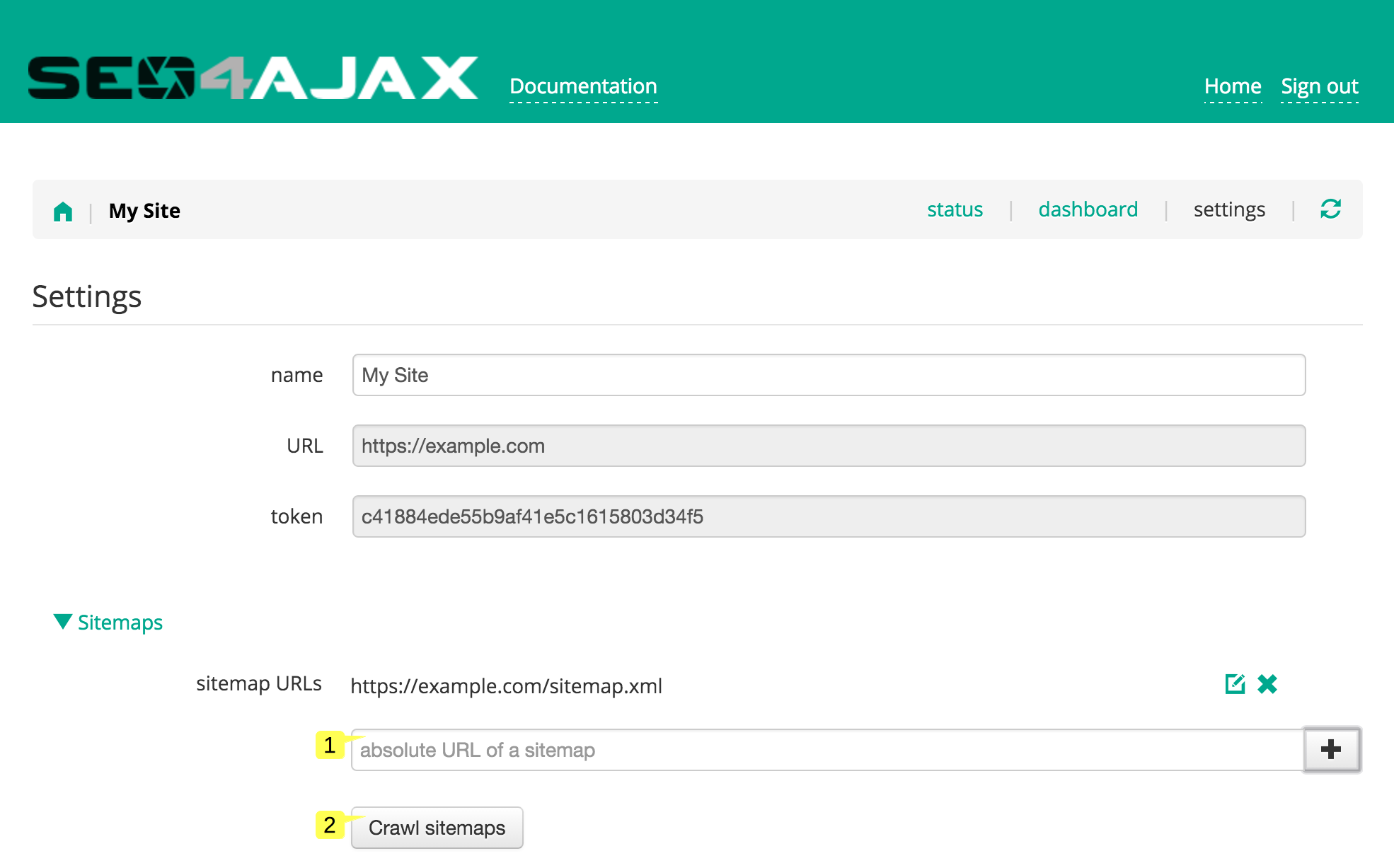 screenshot of the Sitemaps panel in the Site settings page