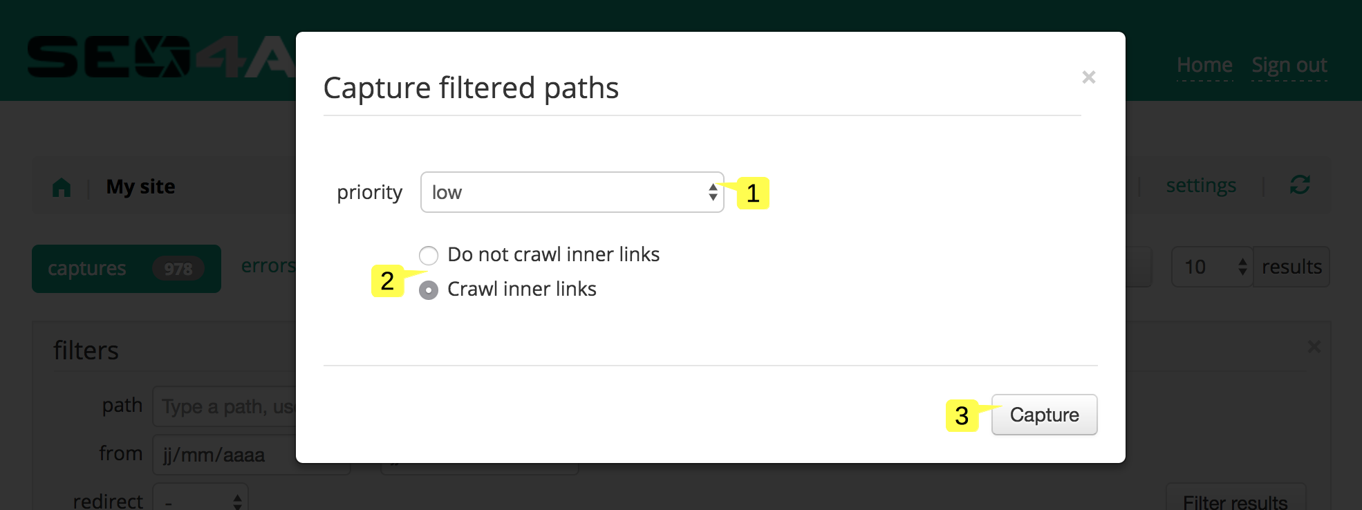 screenshot of the Capture all filtered paths popup in the Site status page
