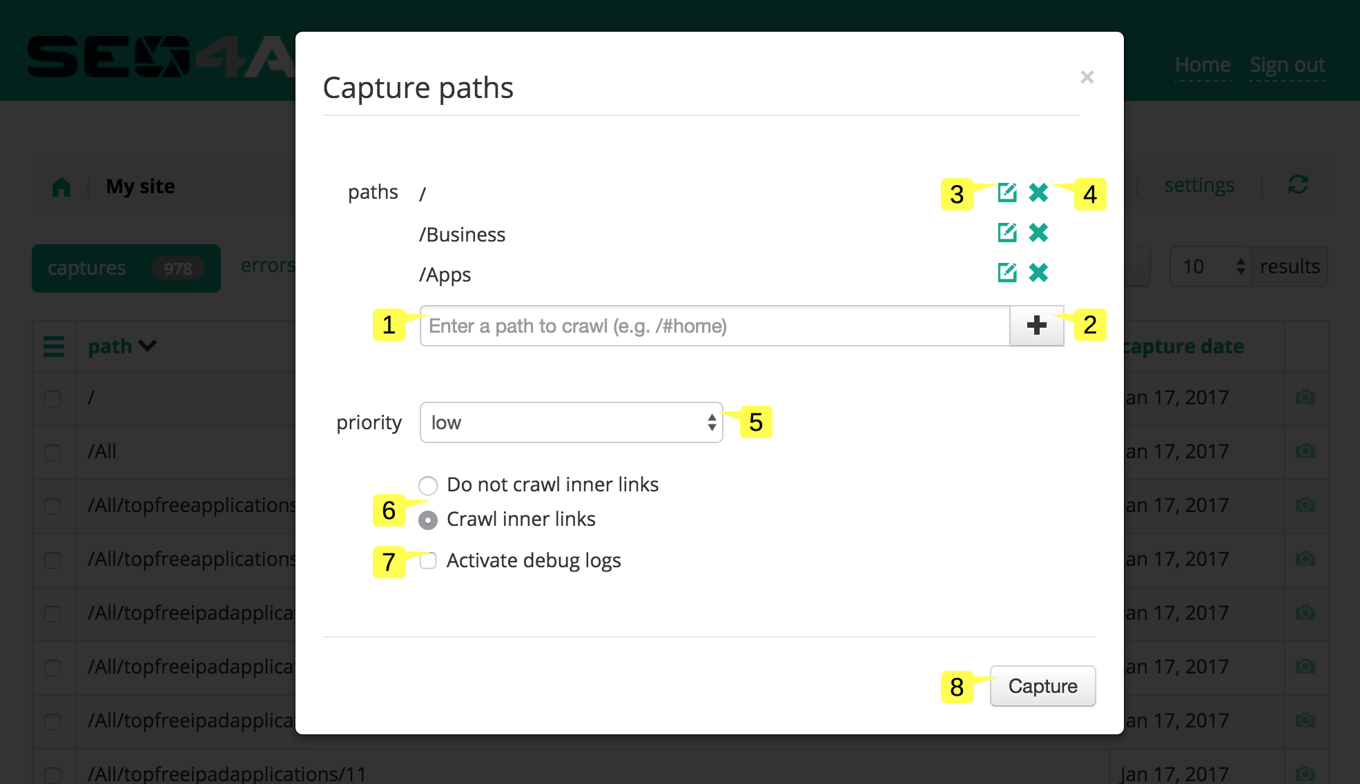 screenshot of the Capture paths popup in the Site status page