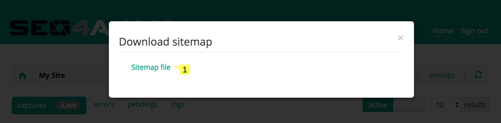 screenshot of the Download sitemap popup in the Site status page