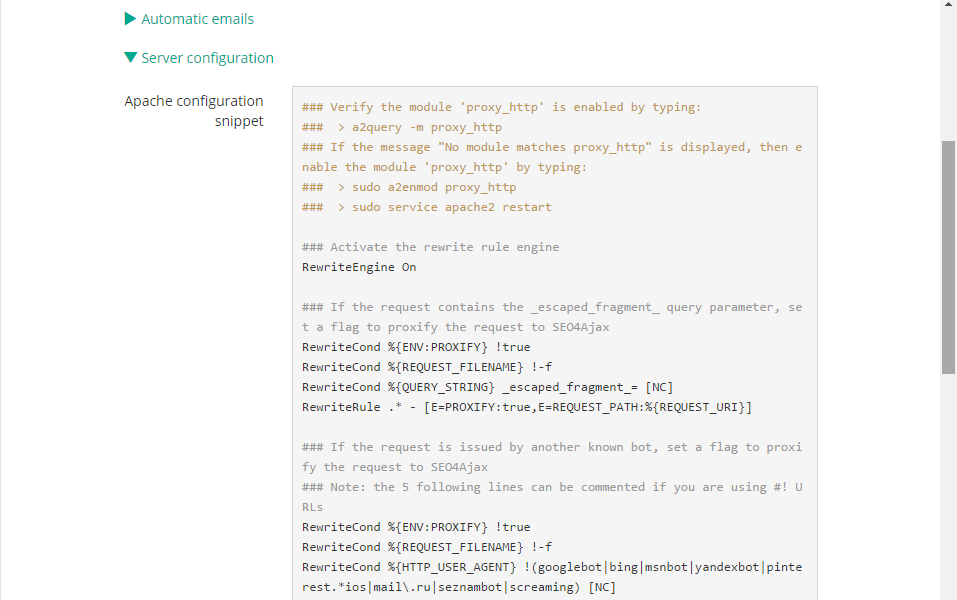 screenshot of the Settings view displaying Apache configuration snippet